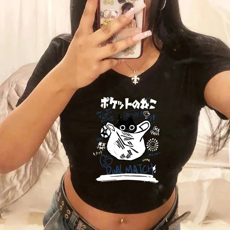 Women's T-shirt with cat pattern top and shorts cut Ulzzang T-shirt 90s Gothic women's T-shirt FitiqueFit