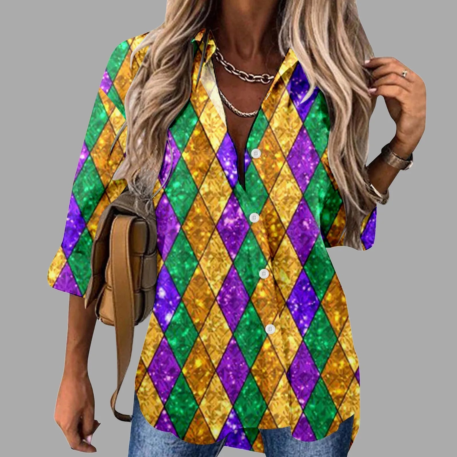 Mardi Gras Women V Neck Shirts Button Long Sleeve Carnival Print Tops Female Blouses Loose Holiday Party Shirt Streetwear FitiqueFit