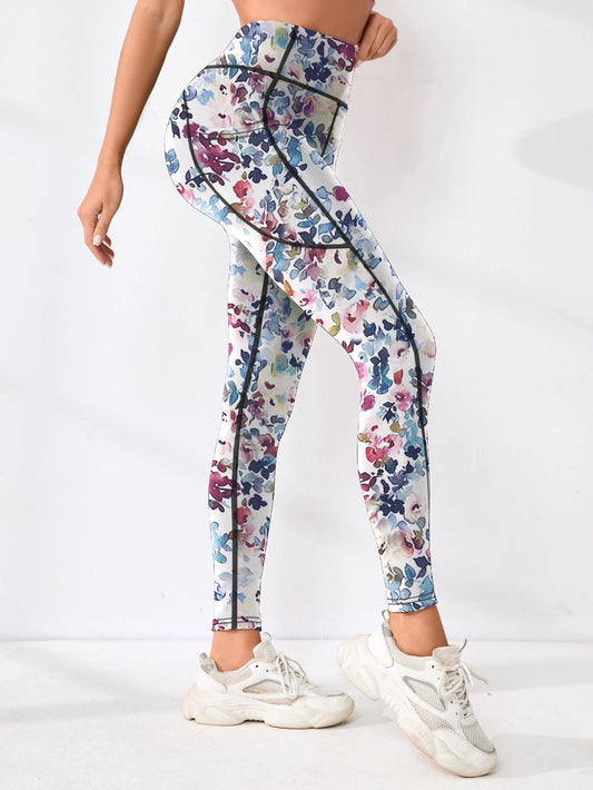 Printed women's high waistband pocket fitness pants paired with tight abdominal yoga pants, suitable for running, hiking, and sp 
