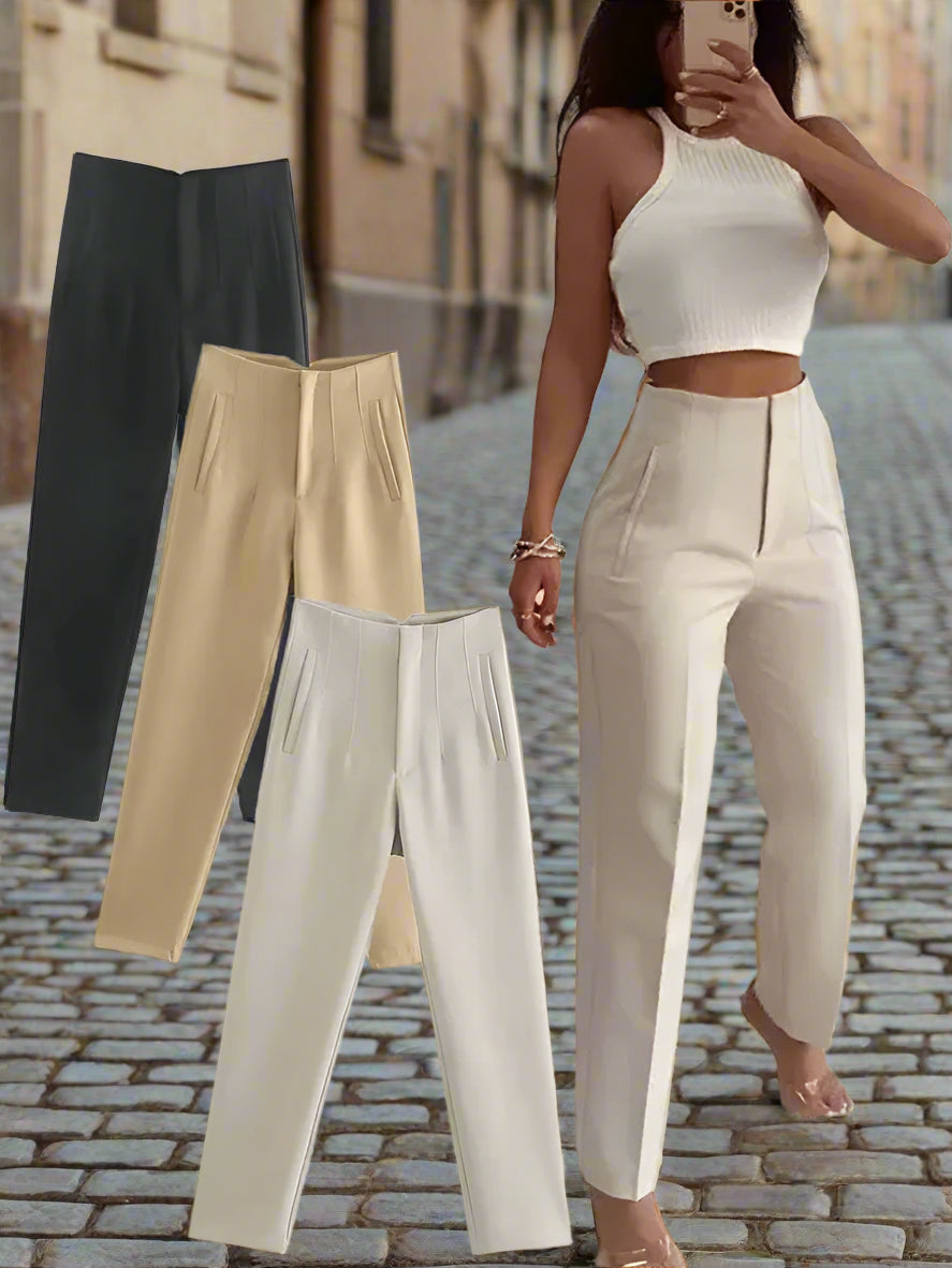 TRAFZA 2024 Woman Solid Trouser High Waist Slim Zipper Fly Long Pants Female Wild Commute Office Lady Woman Pencil Pant Street FitiqueFit