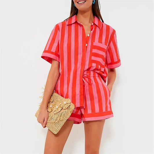 Lamuusaa 2 Piece Set Women Summer Clothes Striped Lapel Collar Single Breasted Shirt Tops and Shorts 2000s Clothing Streetwear FitiqueFit