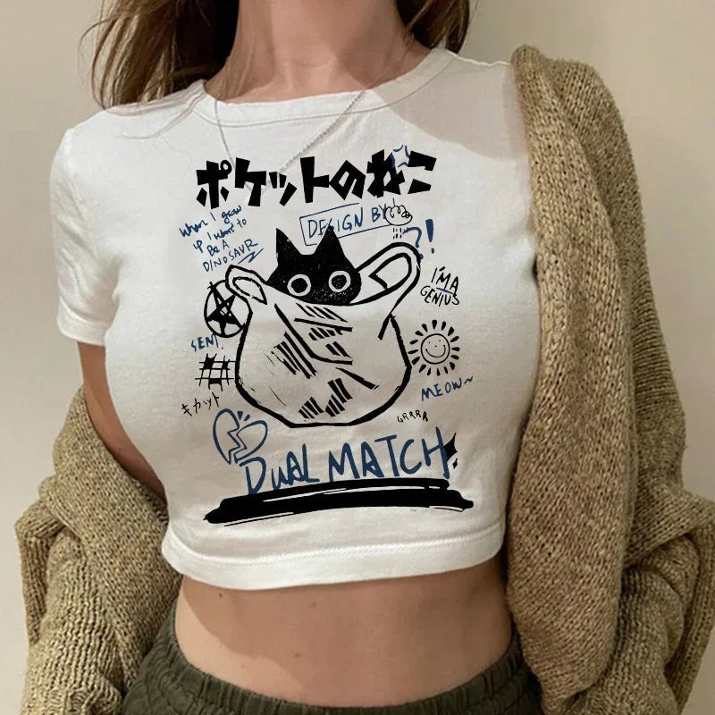 Women's T-shirt with cat pattern top and shorts cut Ulzzang T-shirt 90s Gothic women's T-shirt FitiqueFit