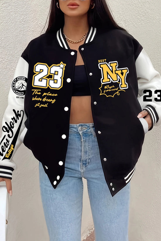 New York Art Letter 23 Printed Women Jacket Harajuku Fleece Baseball Jersey Button Personality Streetwear Vintage Loose Clothing 