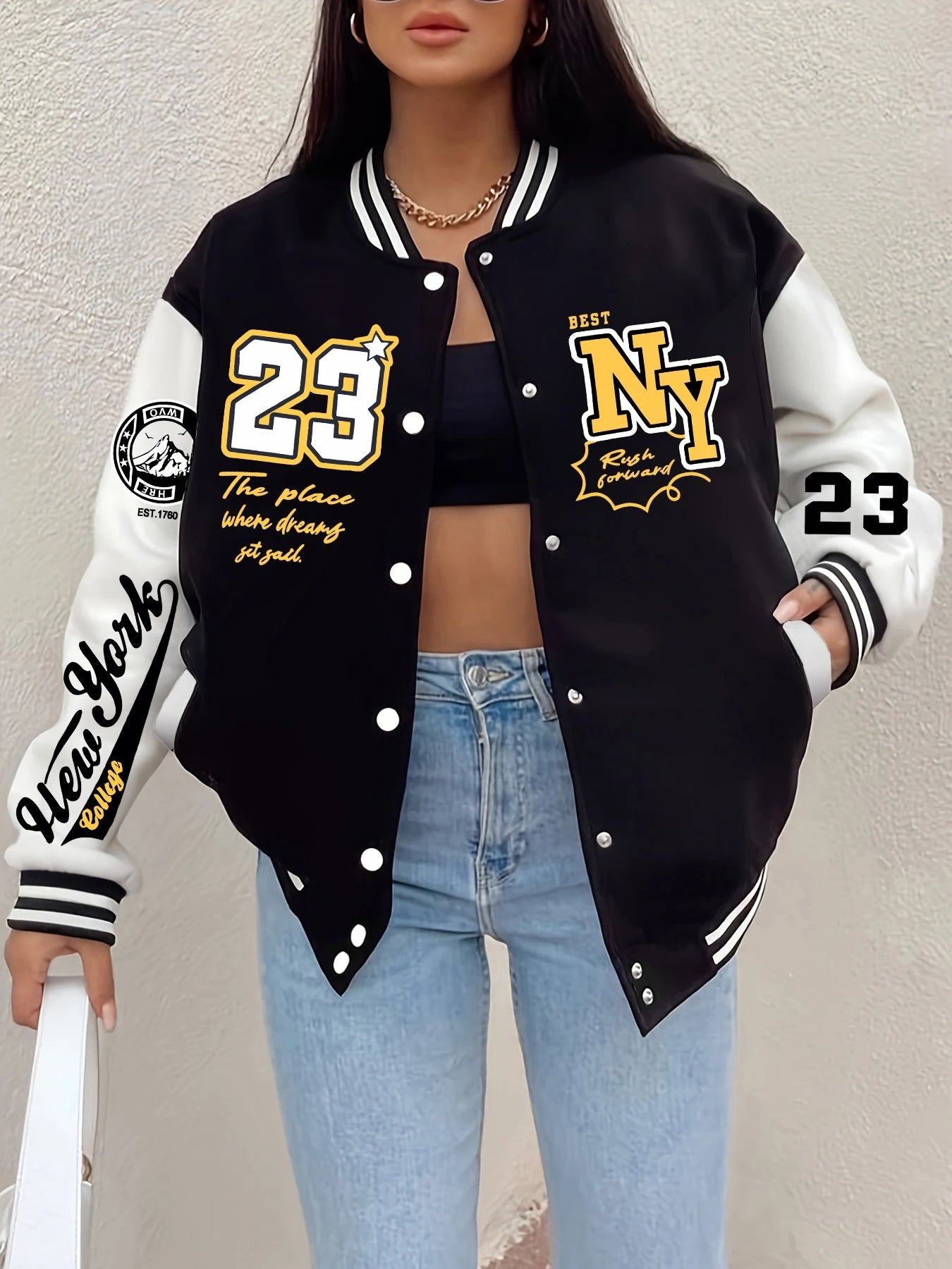 New York Art Letter 23 Printed Women Jacket Harajuku Fleece Baseball Jersey Button Personality Streetwear Vintage Loose Clothing 