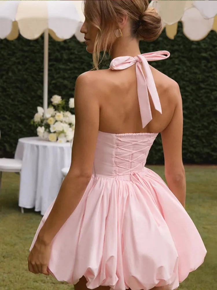 Vintage Pink Corset Puffball Hem Mini Dress Women's Elegant Halter Pleated High Waist Gowns New Lady Party Club Vestidos Summer FitiqueFit