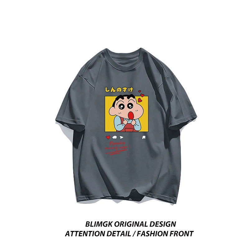Crayo.n Shin Chan Sees His Beloved Woman Tee Clothing Cotton Fitting T Shirt Anime Shoulder Drop T-Shirt Outdoor Pleasure Tops FitiqueFit