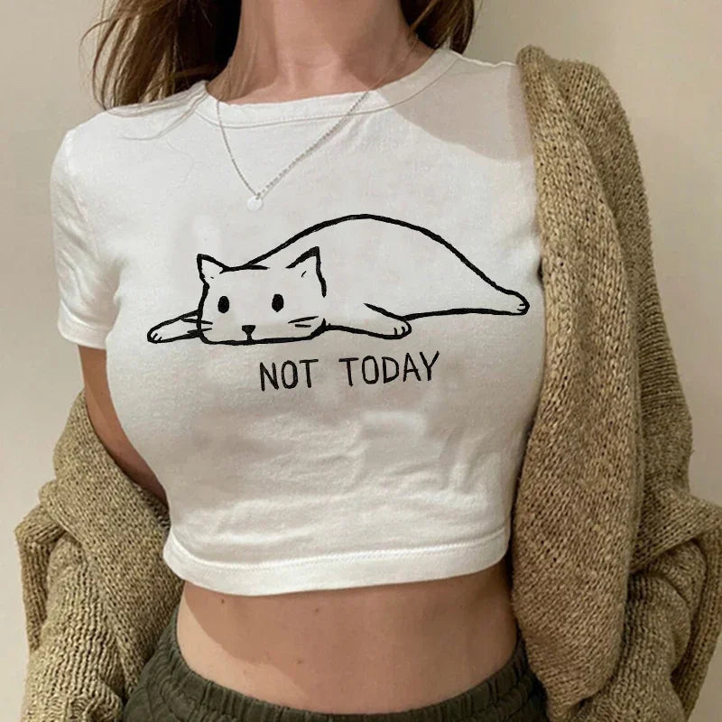 Women's T-shirt with cat pattern top and shorts cut Ulzzang T-shirt 90s Gothic women's T-shirt FitiqueFit