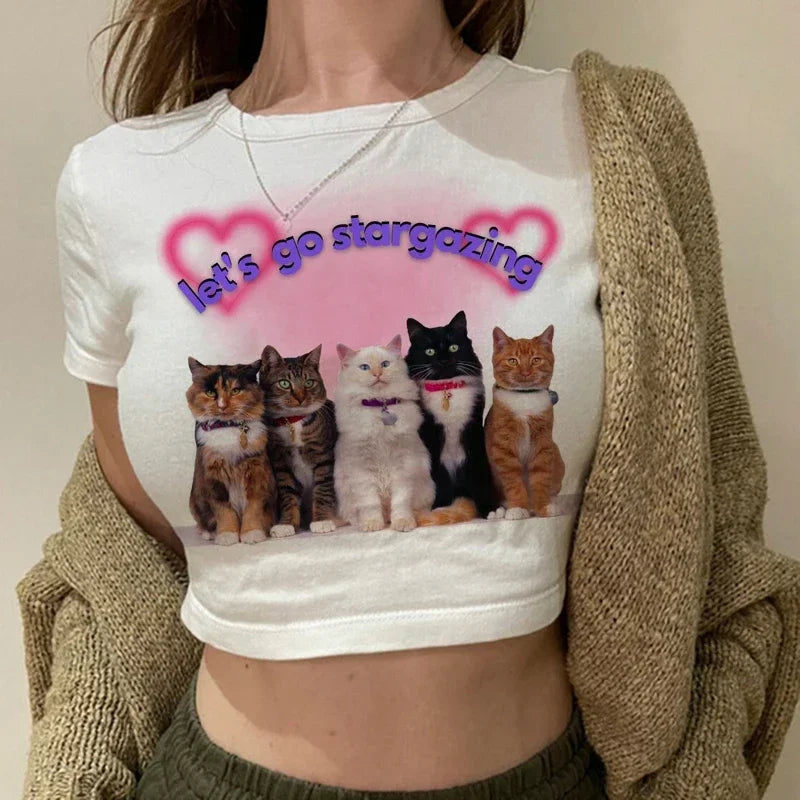 Women's T-shirt with cat pattern top and shorts cut Ulzzang T-shirt 90s Gothic women's T-shirt FitiqueFit