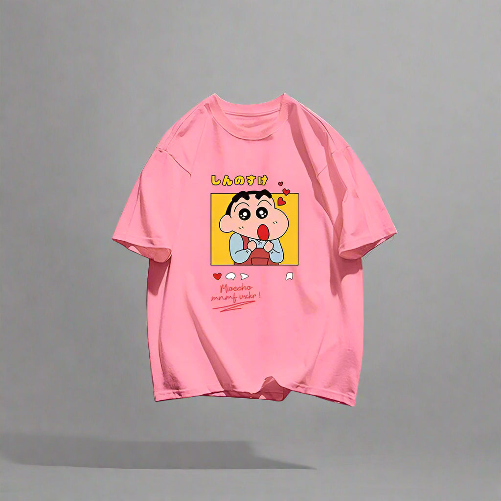 Crayo.n Shin Chan Sees His Beloved Woman Tee Clothing Cotton Fitting T Shirt Anime Shoulder Drop T-Shirt Outdoor Pleasure Tops FitiqueFit