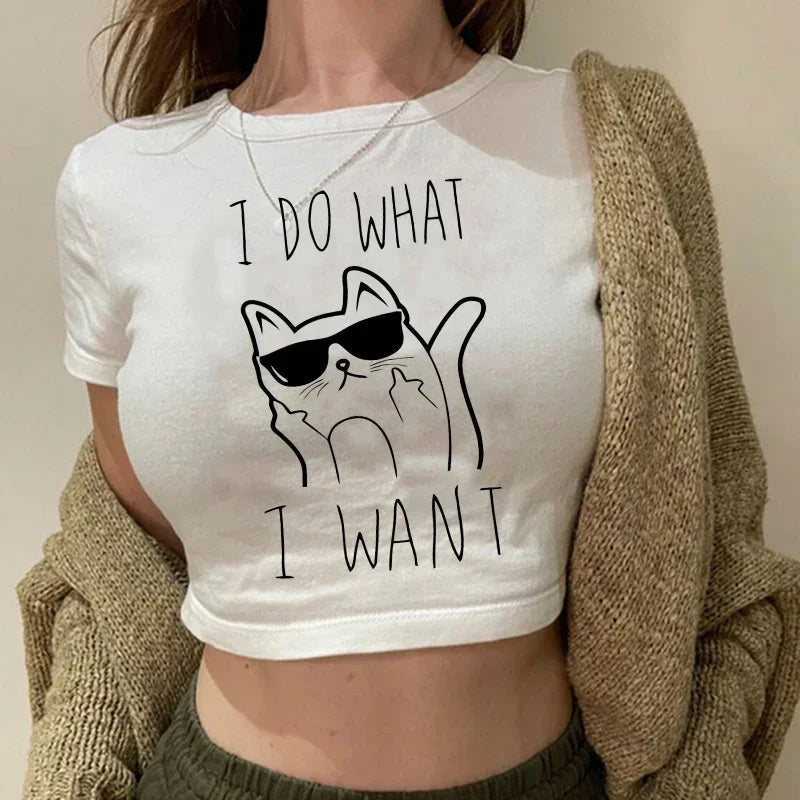 Women's T-shirt with cat pattern top and shorts cut Ulzzang T-shirt 90s Gothic women's T-shirt FitiqueFit