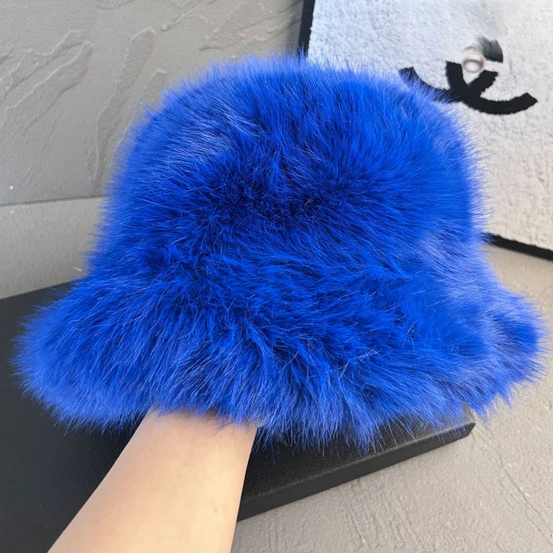 2025 Fluffy Faux Fur Bucket Hats Women Faux Fox Warm Thick Plush Winter Hat Lady Fashion Luxury Panama Furry Fisherman Cap Y2k 