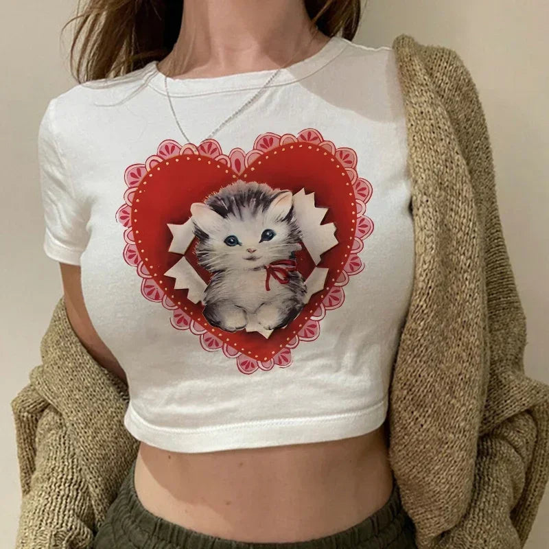 Women's T-shirt with cat pattern top and shorts cut Ulzzang T-shirt 90s Gothic women's T-shirt FitiqueFit
