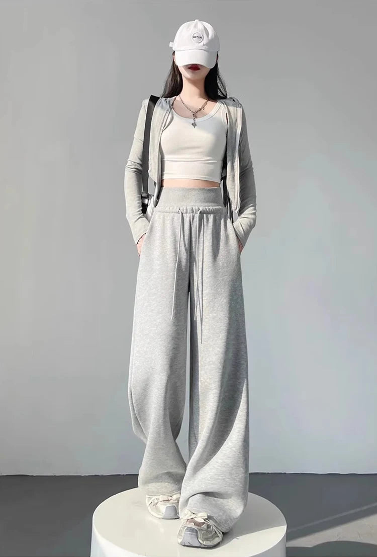 Women's gray sports high waist hanging loose slimming straight leg wide leg pants American sweatpants. 
