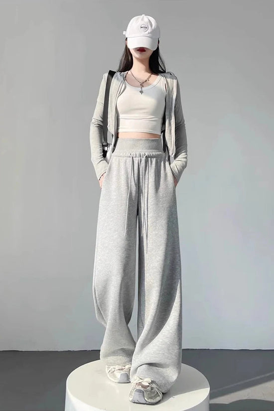 Women's gray sports high waist hanging loose slimming straight leg wide leg pants American sweatpants. 