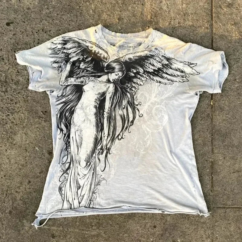 2025 New pure cotton American retro skull print T-shirt with round neck and short sleeve women summer European and American tops FitiqueFit