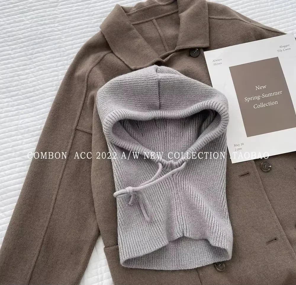 Knitted Hooded Caps Winter Balaclava Hats Women Korean Style Outdoor Warmer Drawstring Hats One-piece Neck Collar Beanies Cap FitiqueFit