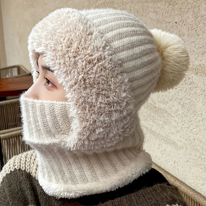 1pc Winter Lined Knit Hat with Earflap, Windproof and Warm Hooded Neck Gaiter for Outdoor Cycling, Warm Hat, Christmas Hats FitiqueFit