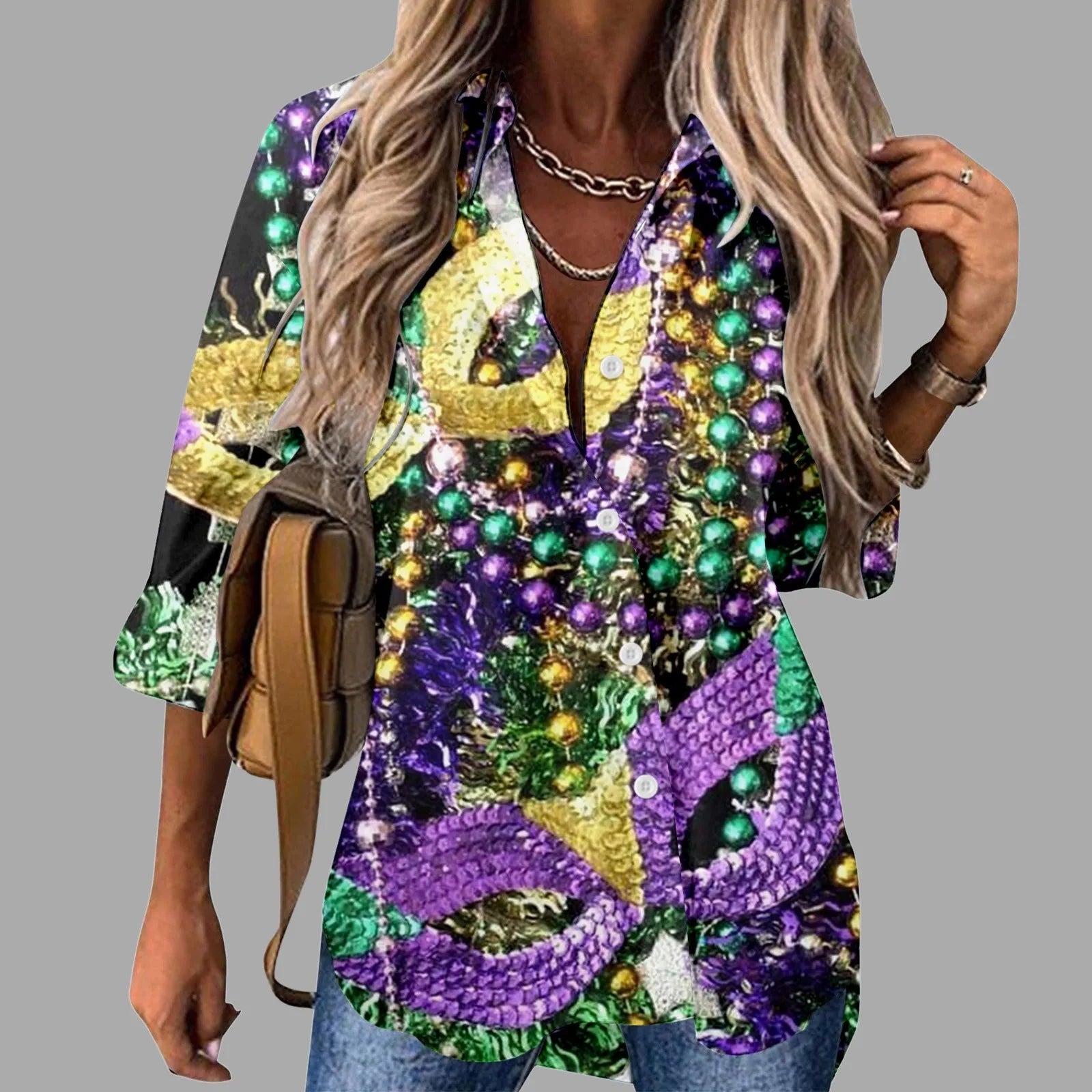 Mardi Gras Women V Neck Shirts Button Long Sleeve Carnival Print Tops Female Blouses Loose Holiday Party Shirt Streetwear FitiqueFit