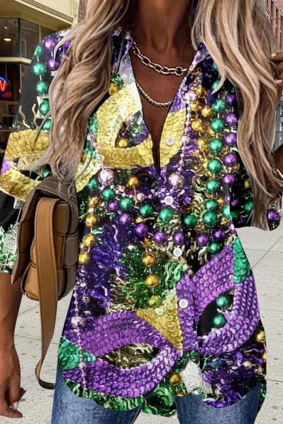 🎭 Mardi Gras Women's V-Neck Long Sleeve Carnival Print Shirt FitiqueFit