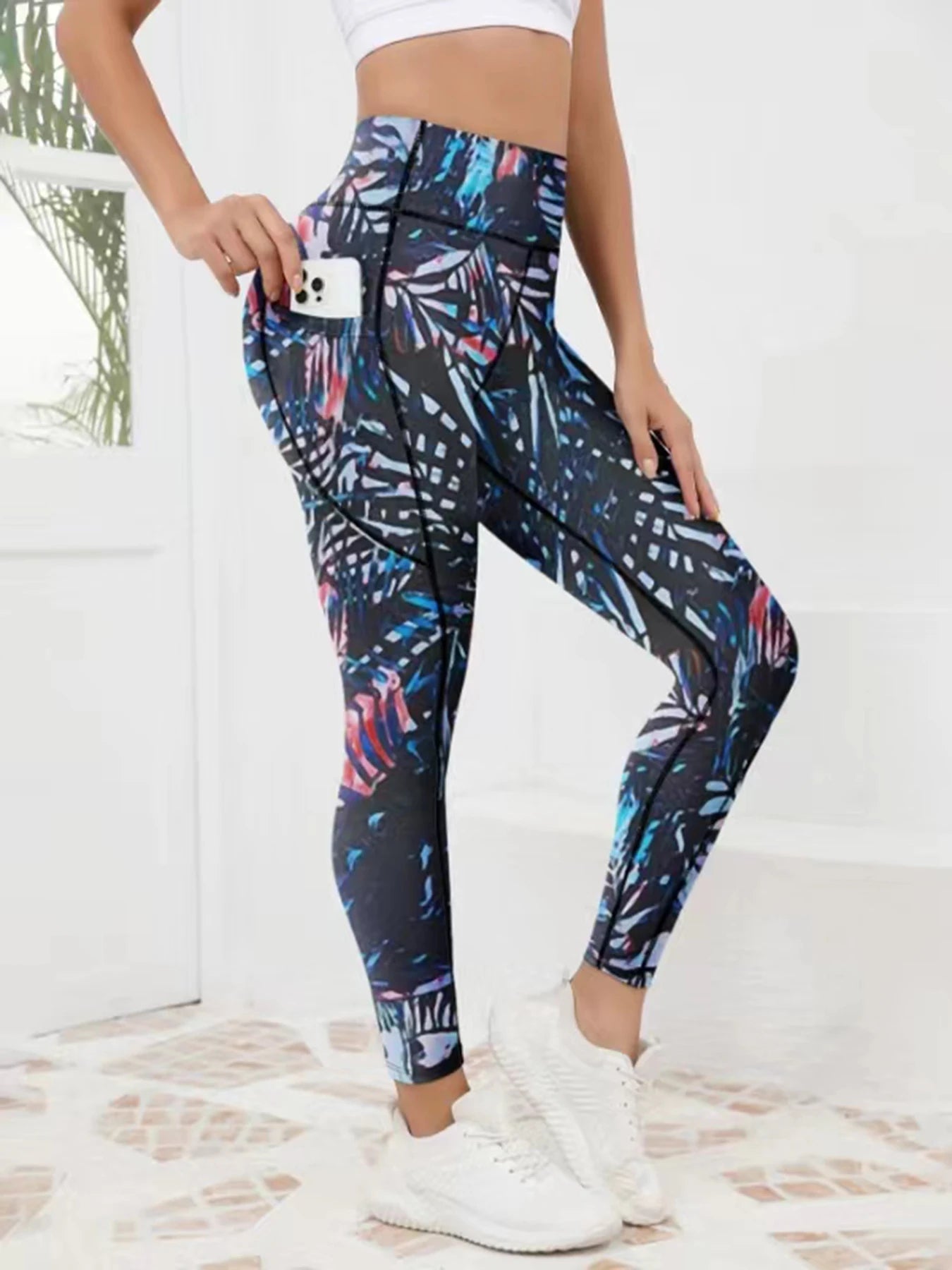 Printed women's high waistband pocket fitness pants paired with tight abdominal yoga pants, suitable for running, hiking, and sp 