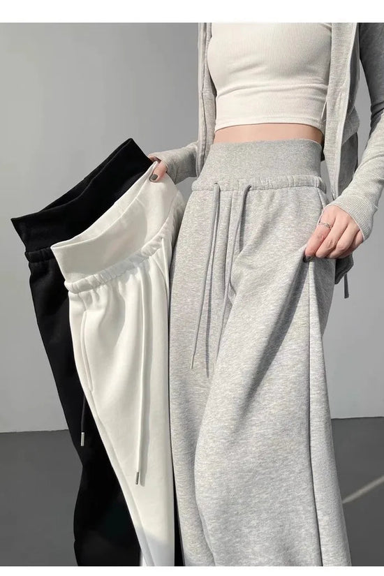 Women's gray sports high waist hanging loose slimming straight leg wide leg pants American sweatpants. 