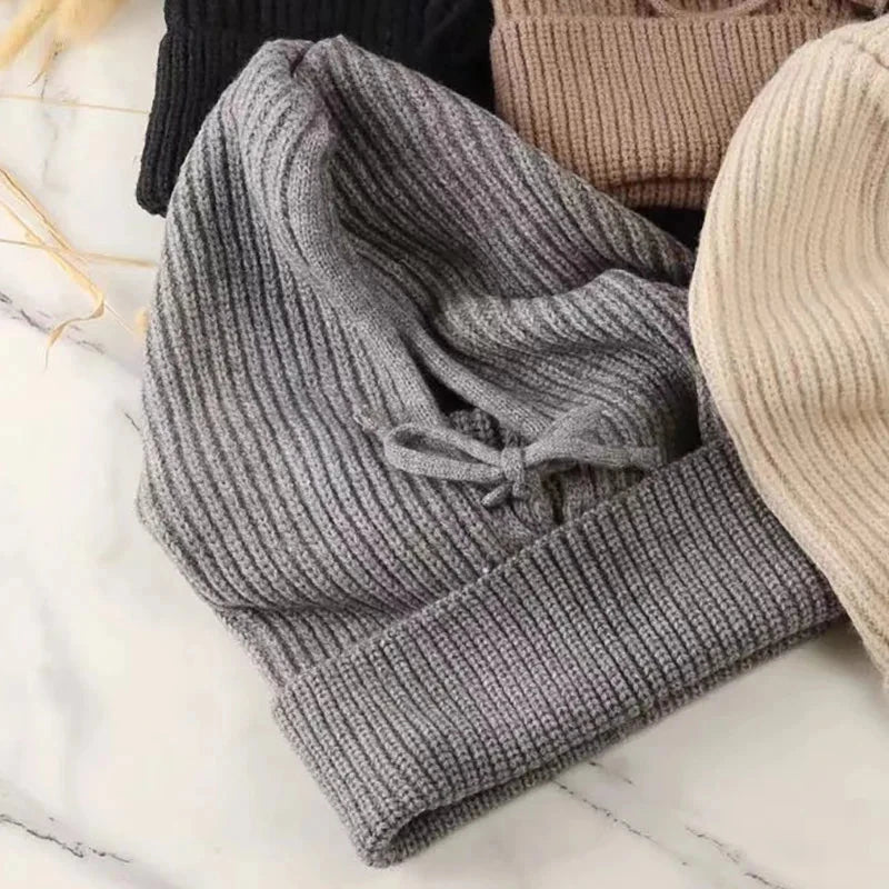 Knitted Hooded Caps Winter Balaclava Hats Women Korean Style Outdoor Warmer Drawstring Hats One-piece Neck Collar Beanies Cap FitiqueFit