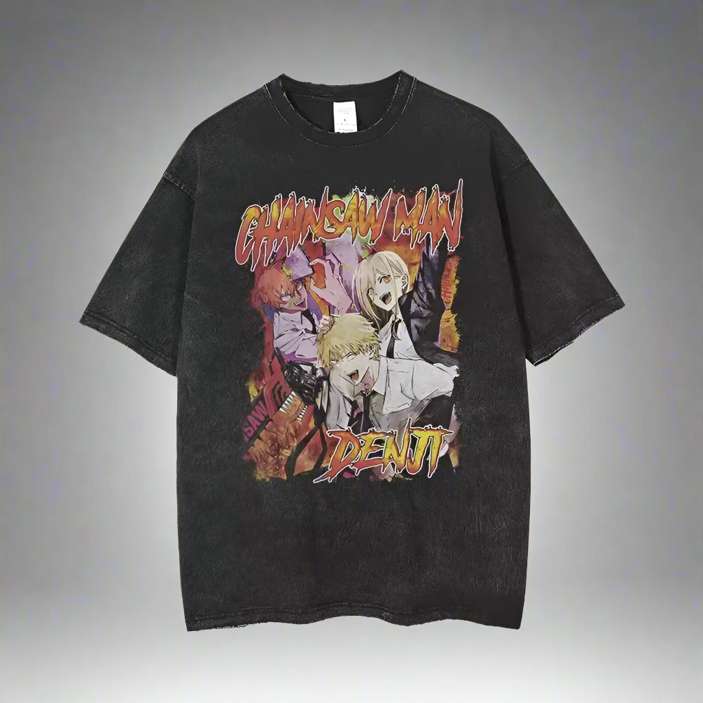 Anime Chainsaw Man Acid Tshirt Retro Vintage Washed Printed Graphic T Shirt Men Harajuku Cotton Casual Short Sleeve Tshirt Tops FitiqueFit
