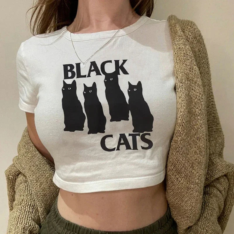 Women's T-shirt with cat pattern top and shorts cut Ulzzang T-shirt 90s Gothic women's T-shirt FitiqueFit