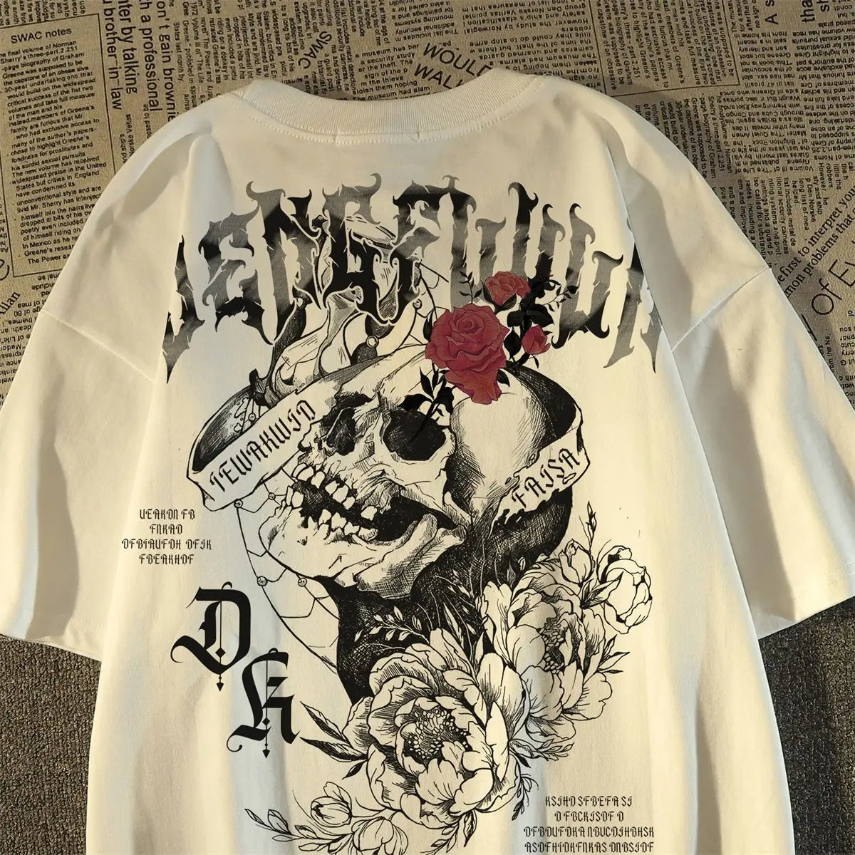 2025 New pure cotton American retro skull print T-shirt with round neck and short sleeve women summer European and American tops FitiqueFit