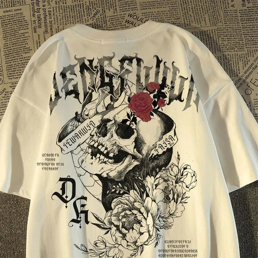 2025 New pure cotton American retro skull print T-shirt with round neck and short sleeve women summer European and American tops FitiqueFit