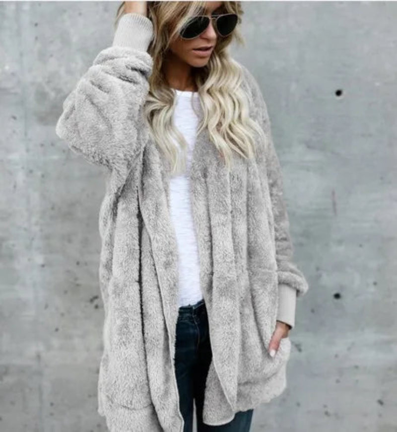 Autumn Winter Double Fleece Cardigan Jacket Women Solid Color Long Sleeve Plush Warm Hooded Lady Jacket Oversized Outerwear Coat 