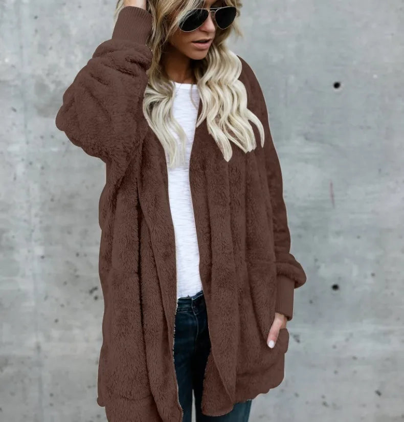 Autumn Winter Double Fleece Cardigan Jacket Women Solid Color Long Sleeve Plush Warm Hooded Lady Jacket Oversized Outerwear Coat 