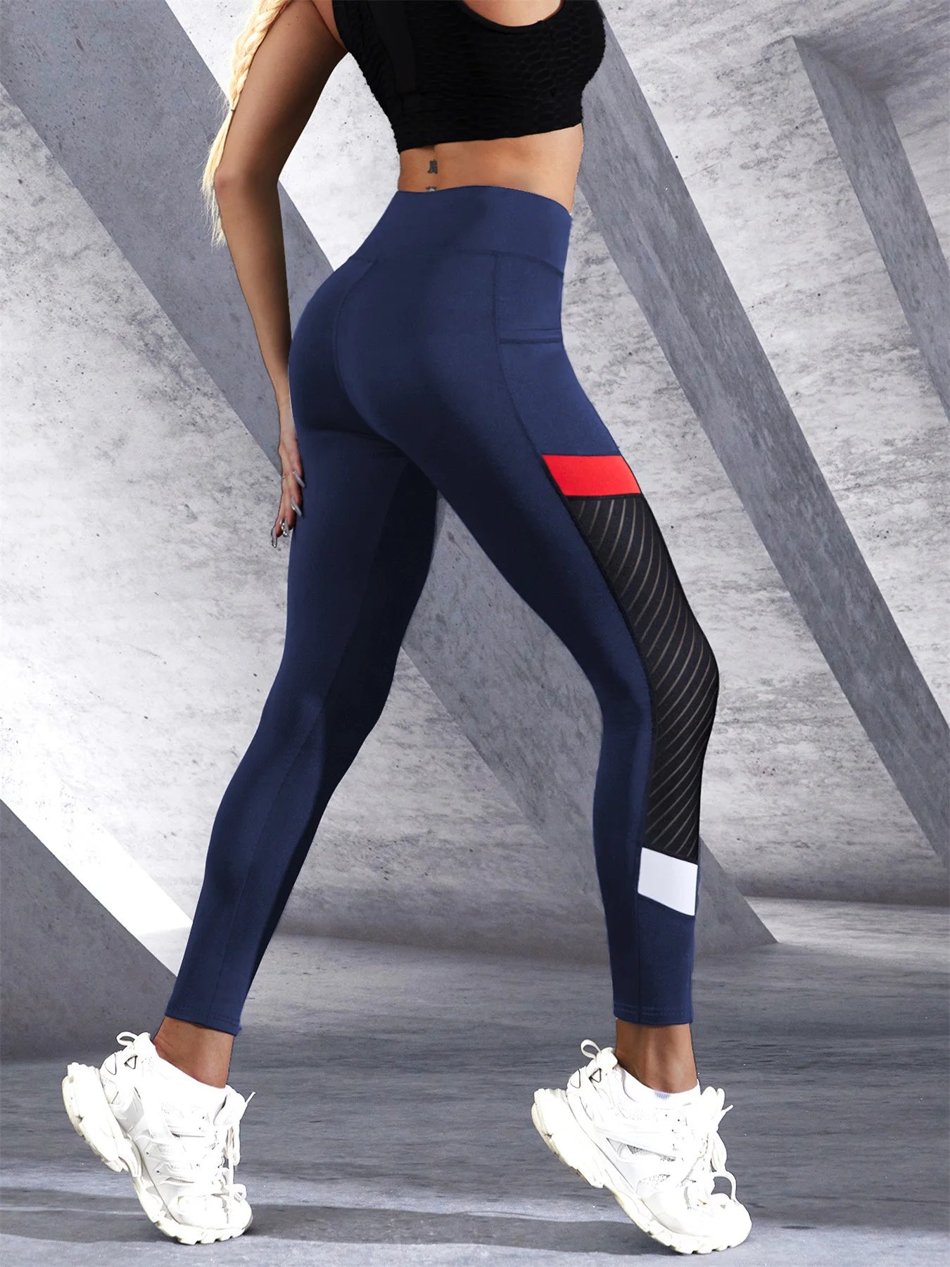 Colorblocked Mesh High Waist Yoga Pants with Side Pockets Leggings for Women Tummy Control Workout Shaping Leggings FitiqueFit