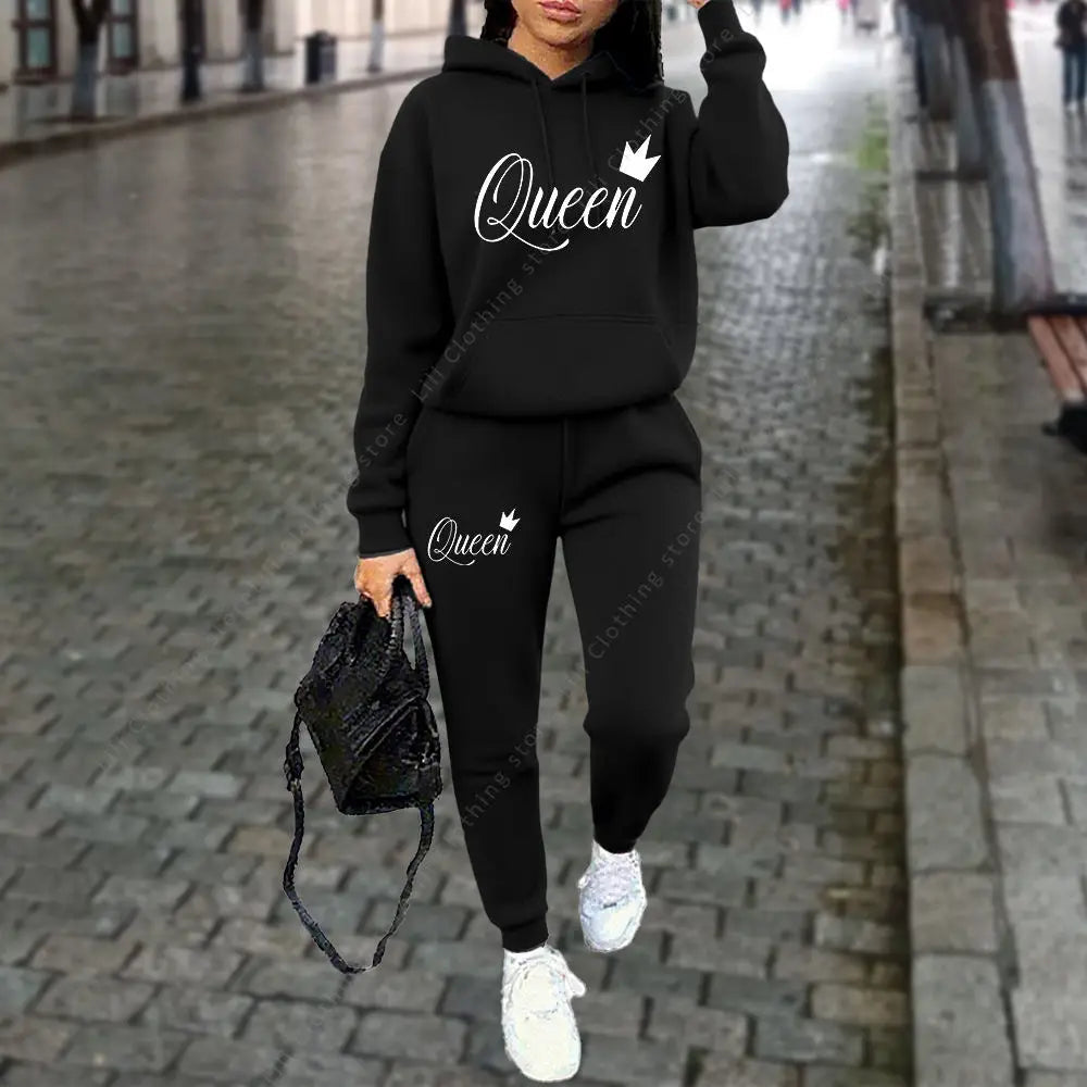Queen Letter Graphic Print Women's Sets Hoodies Pants 2pcs Suit Autumn Winter Sports Jogging High quality Aesthetic Tracksuit 
