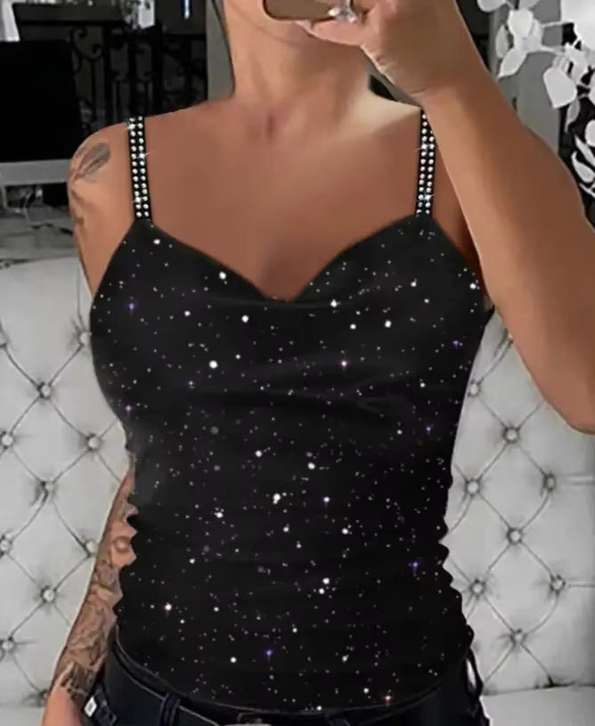 Sequin V-Neck Camisole – Rhinestone Strap Sparkly Top CJ US