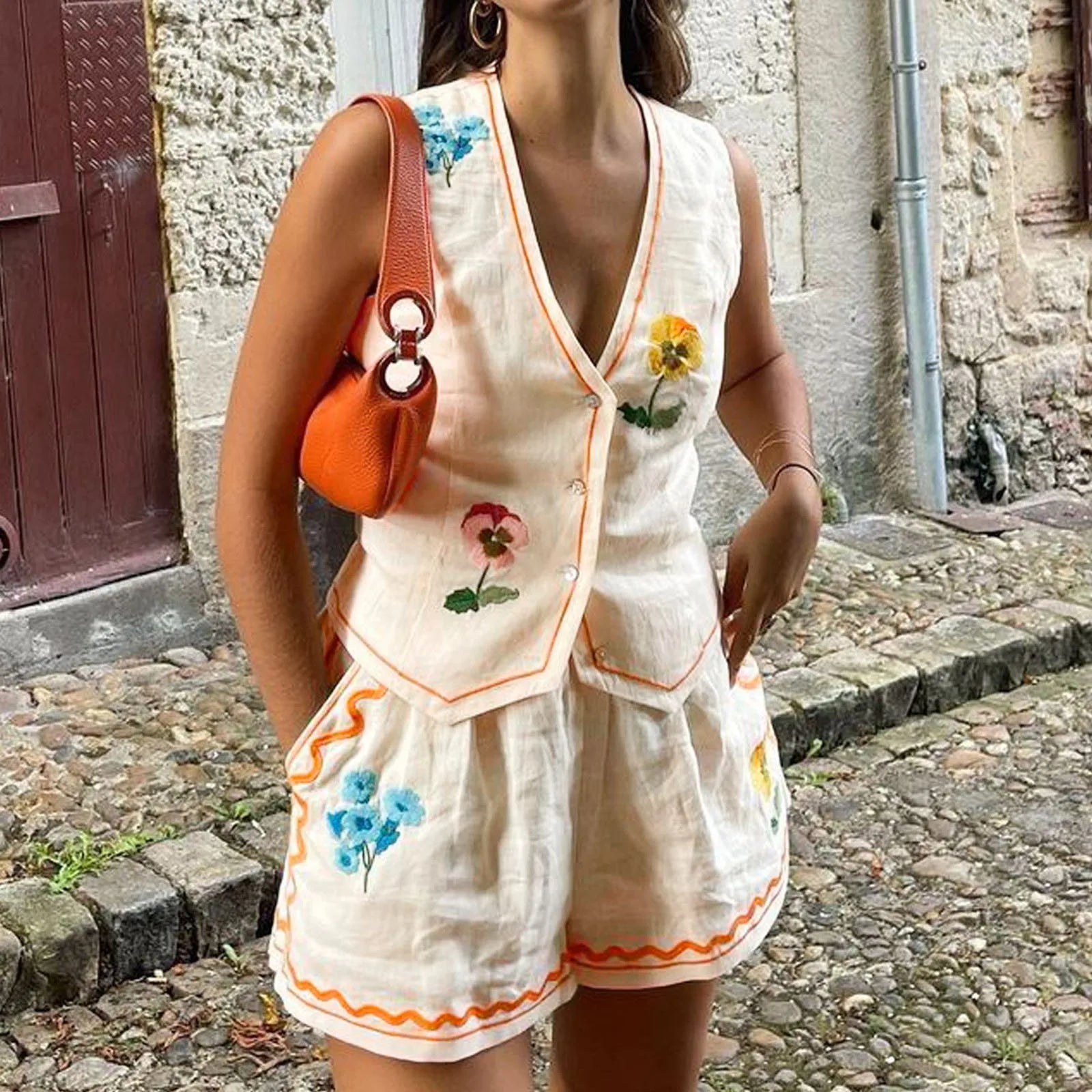 Vintage 2025 Summer Short Sets Floral Embroidery Woman 2 Piece Outfits V Neck Sleeveless Buttons Vest Top + Short Pants Suit FitiqueFit