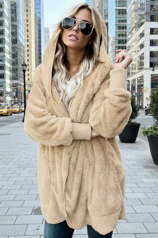Autumn Winter Double Fleece Cardigan Jacket Women Solid Color Long Sleeve Plush Warm Hooded Lady Jacket Oversized Outerwear Coat 