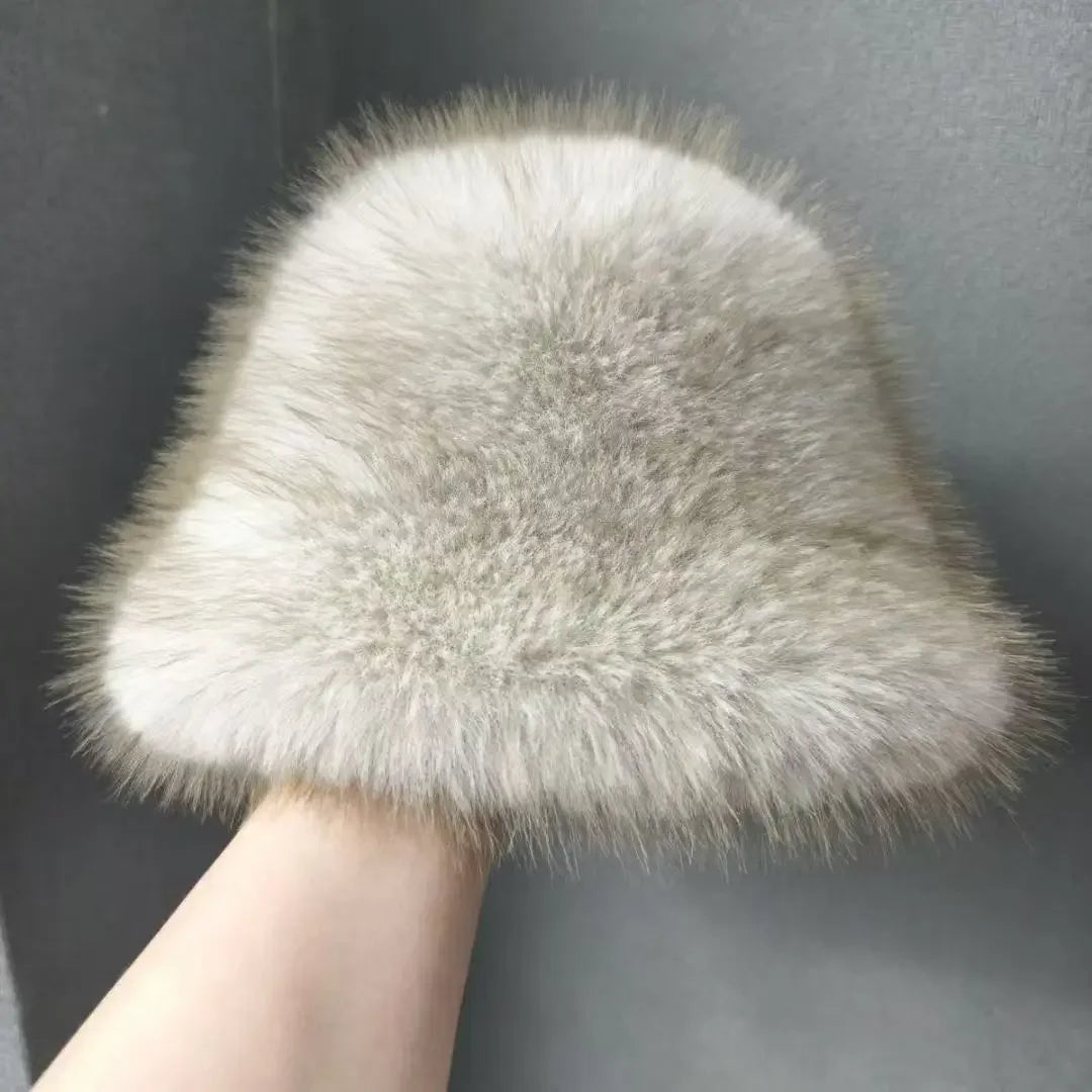 1Pc Ladies' Winter Thick and Warm Imitation Fox Fur Dome Fisherman Hat, Plush Ear Protection, Looks Small on The Face 