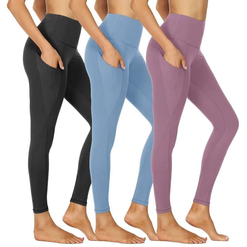 3-Pack High-Waisted Cropped Yoga Pants with Slanted Pockets 