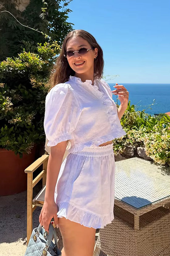 Women's Ruffled Linen-Blend Cropped Blouse & Shorts Set 