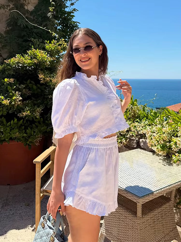 Women's Ruffled Linen-Blend Cropped Blouse & Shorts Set 