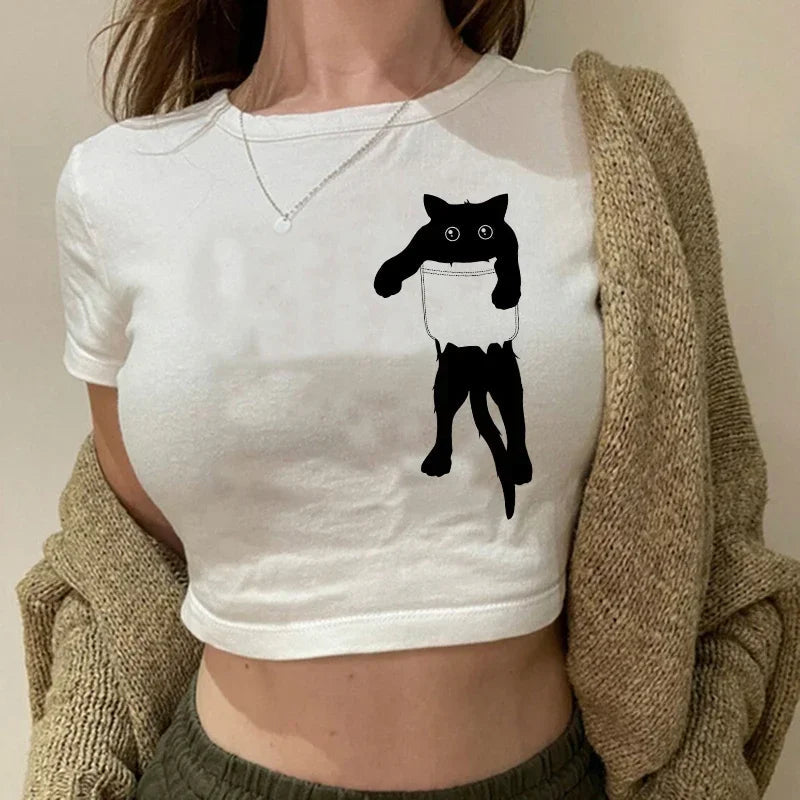 Women's T-shirt with cat pattern top and shorts cut Ulzzang T-shirt 90s Gothic women's T-shirt FitiqueFit