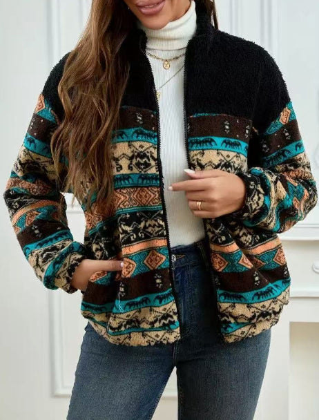 Double-sided Plush Stand-up Collar Zip-up Cardigan For Fall And Winter 