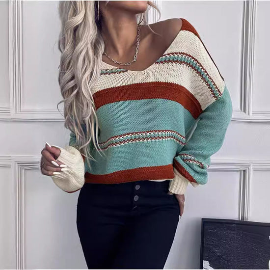 Women's French Vintage Striped Sweater | V-Neck Long Sleeve Stretch Knit 