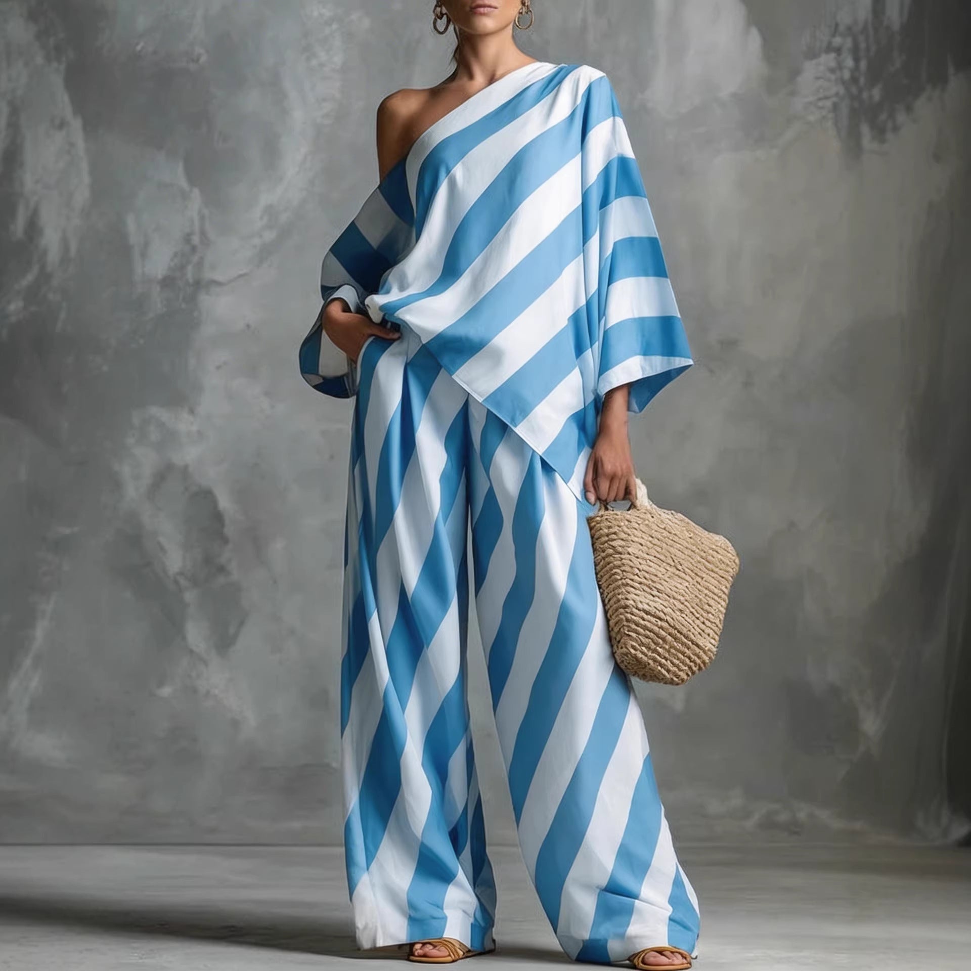 Retro Striped Printed Chiffon Top And Wide-leg Pants Set 