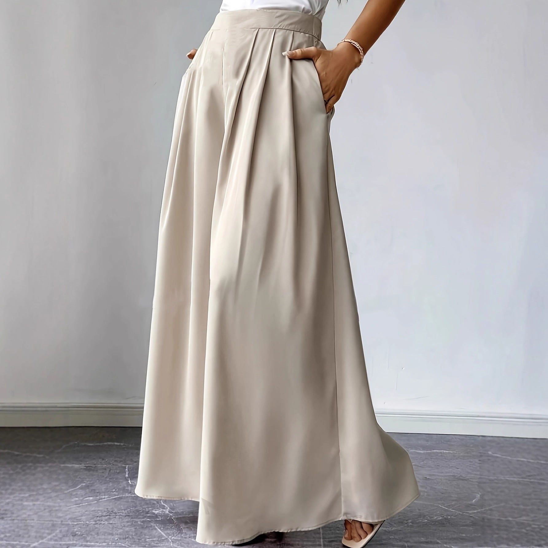 Semi-elastic High-waisted Versatile Pleated Design Relaxed Bohemian Wide-leg Pants 