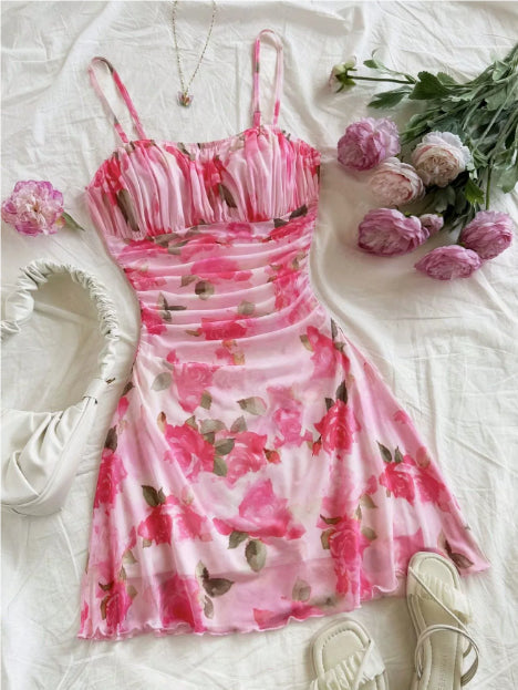 Boho Floral Spaghetti Strap Mini Dress – Ruched Ruffle Hem Vacation Sundress 