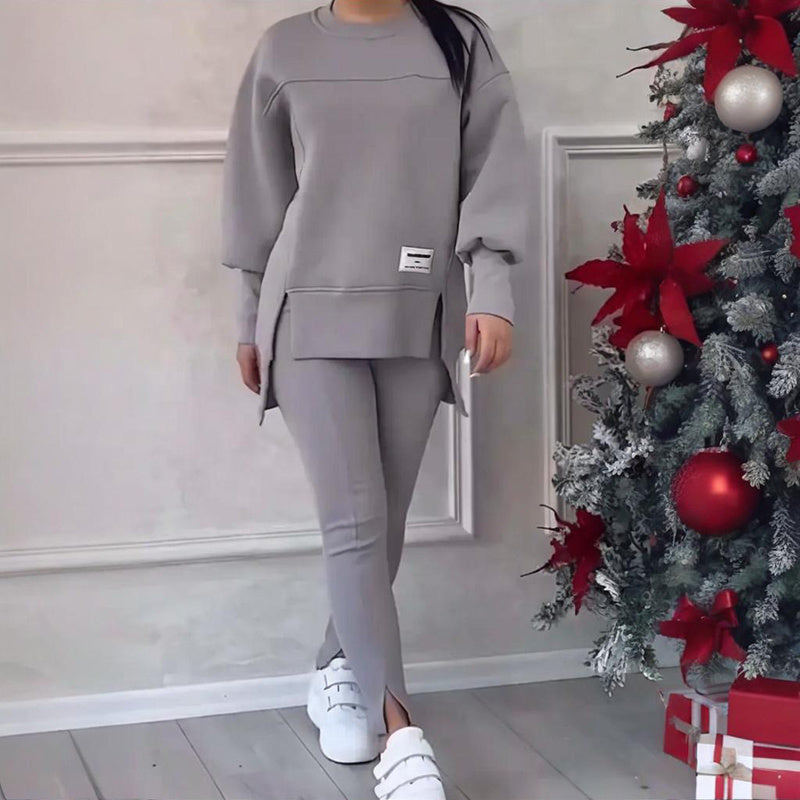 Women's Solid Color 2-Piece Set, Loose Fit Top With Slit Hem & Slim Fit Pants For Spring And Fall 