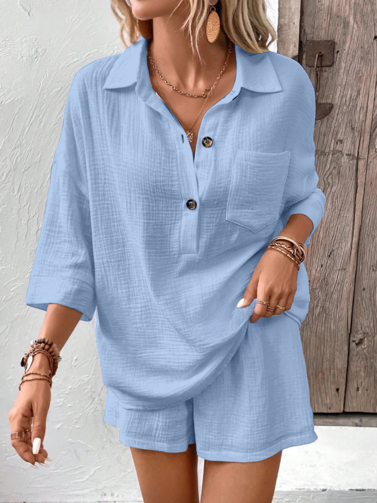 Casual Double-Panel Shirt With Lapel Collar Casual Two-Piece Set 