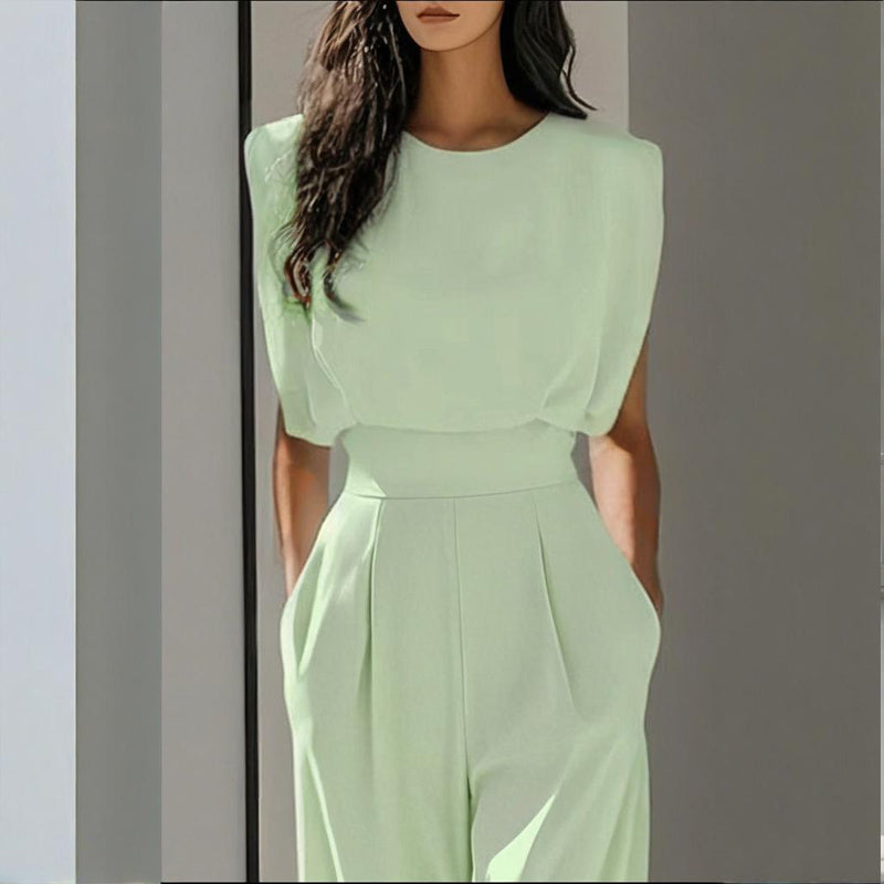 Women's Solid Color Round Neck Short Sleeve Wide-Leg Jumpsuit With Waist Design & Pockets Casual Romper For Spring&Summer CJ US